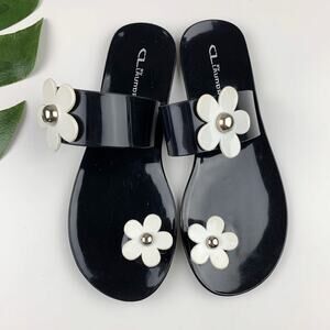 CL Chinese Laundry Jelly Daisy Sandals Black Flower Toe Loop Women's 37 US 6